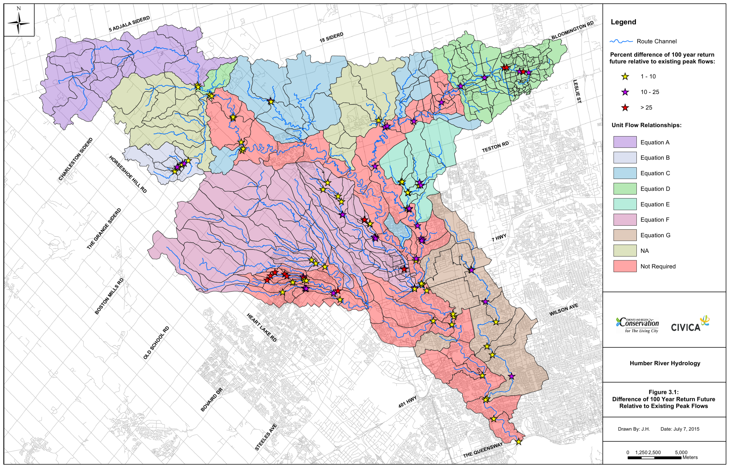 Change in future-condition Humber River peak flow
