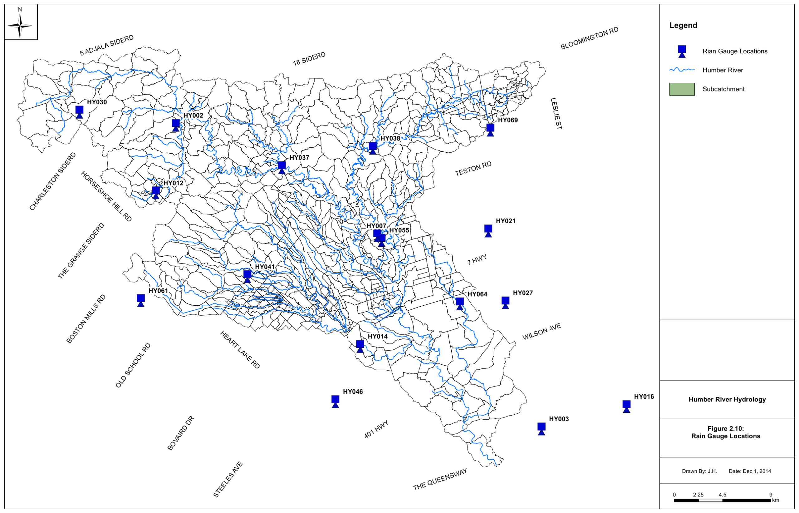 Rain gauge locations used for Humber River model calibration
