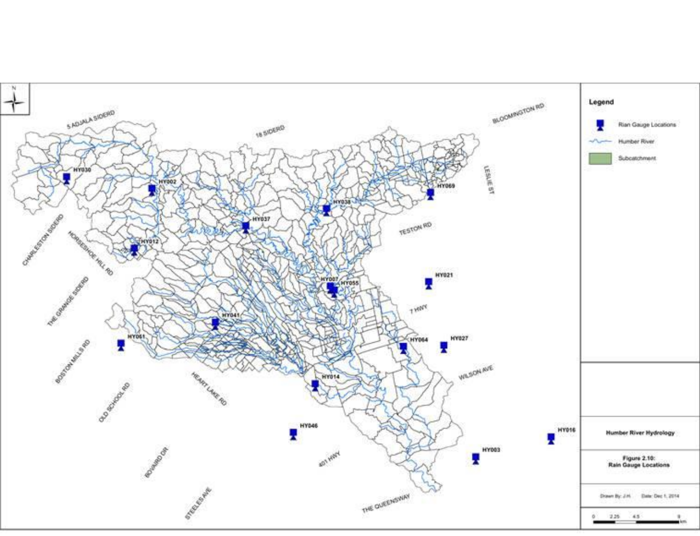 Rain gauge locations used for Humber River model calibration